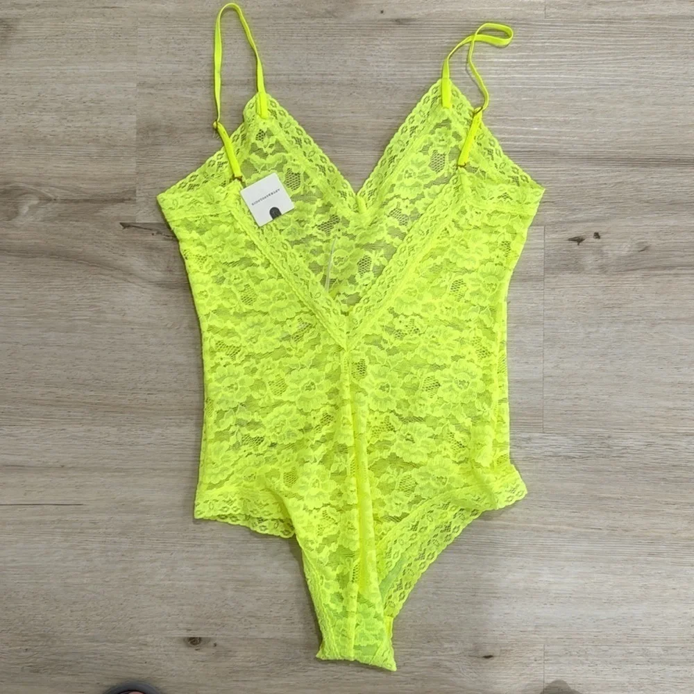 NWT Anthropologie V-neck sheer lace neon bodysuit